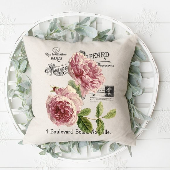 French Country Pillow Cover, Pink Roses, Spring - Picture 1 of 3